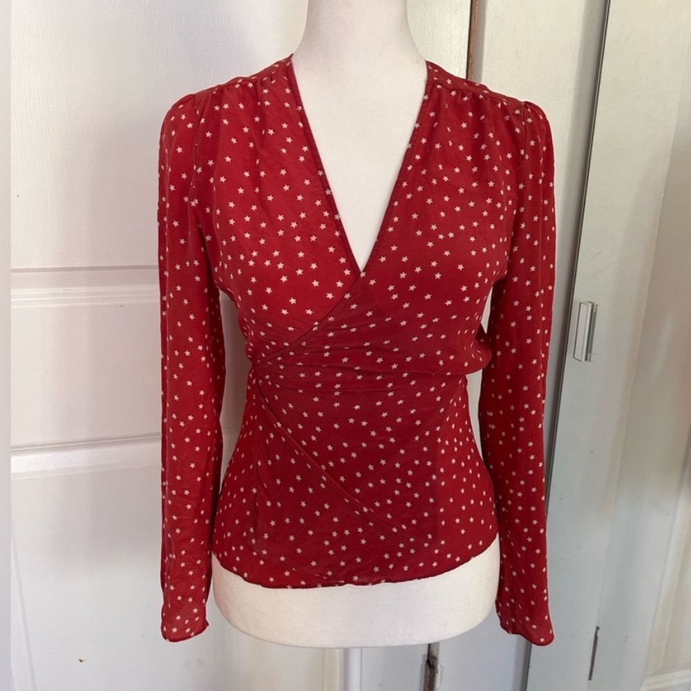 Realisation Par red polka dot stars 100% silk wrap shirt